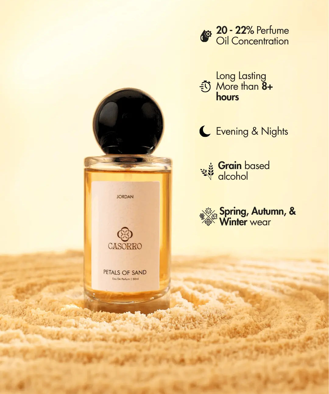 CASORRO perfume bottle with sand-themed design and product features listed.