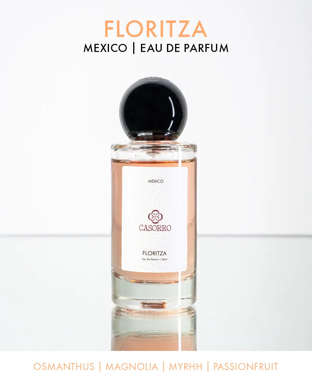 Floritza Eau de Parfum perfume bottle with black cap on a white background