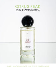 Perfume bottle labeled 'Citrus Peak - Peru' by CASORRO on a white background