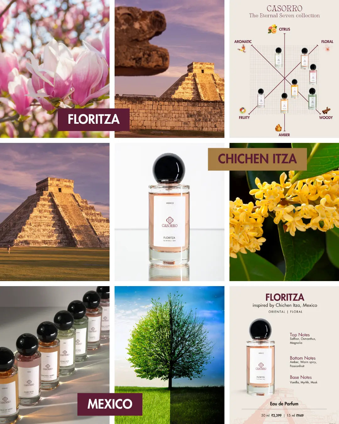 Collage of images related to Floritza and Chichen Itza, including flowers, pyramids, and a perfume bottle.