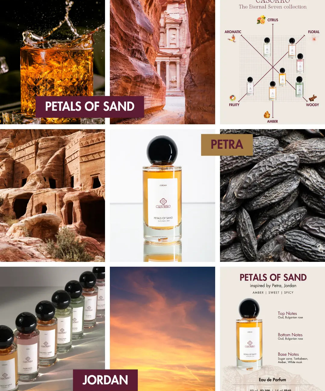 Collage of images related to Jordan, Petra including a glass with alcohol liquid, desert landscape, and CASORRO perfume bottle.