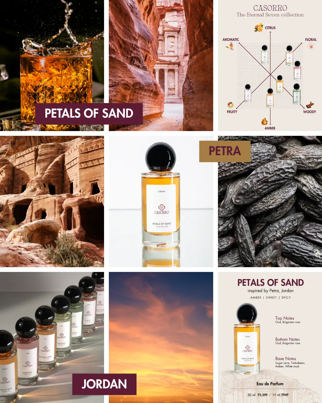 Collage of images related to Jordan, Petra including a glass with alcohol liquid, desert landscape, and CASORRO perfume bottle.