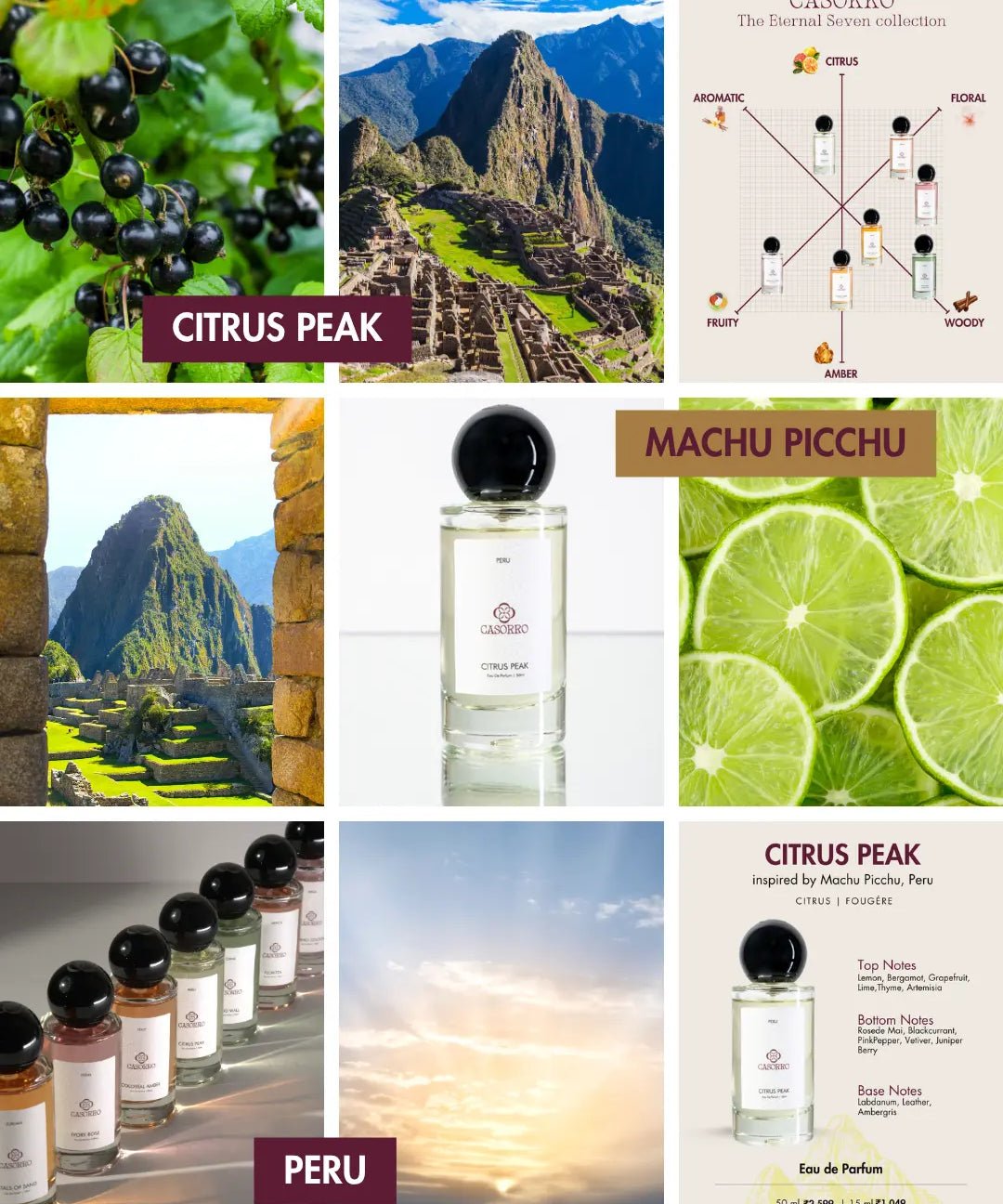 Collage of images related to Citrus Peak perfume, including Machu Picchu mountains, limes, and a perfume bottle.
