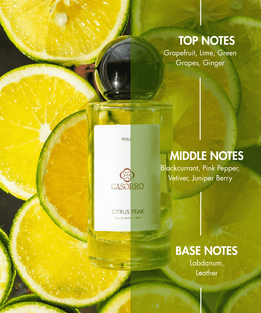 Bottle of Casorro Citrus Peak perfume surrounded by sliced citrus fruits with notes displayed.