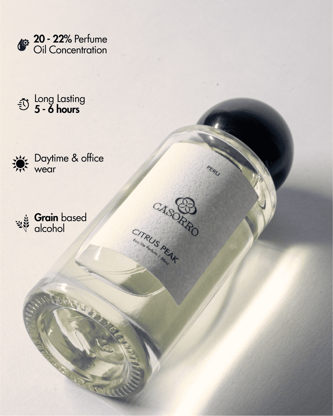 Perfume bottle with label on a white background