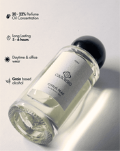 Perfume bottle with label on a white background