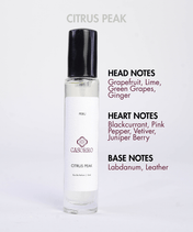 Perfume bottle with flavor notes on a white background