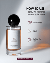 Casorro Colossal Amber perfume bottle with usage instructions on a gray background