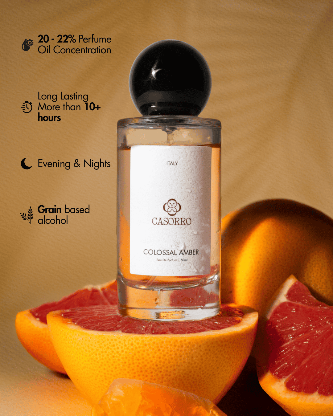 A perfume bottle labeled 'Casorro Colossal Amber' on a background with grapefruit slices.