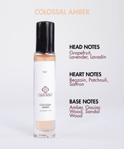 Casorro Colossal Amber perfume bottle with notes text on a white background