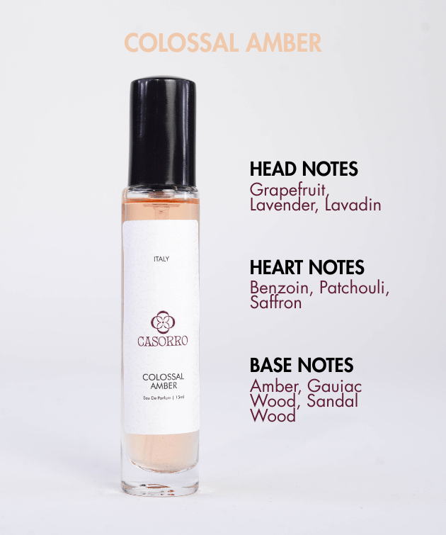 Casorro Colossal Amber perfume bottle with notes text on a white background