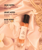 Perfume bottle with floral elements and fragrance notes on a soft pink background