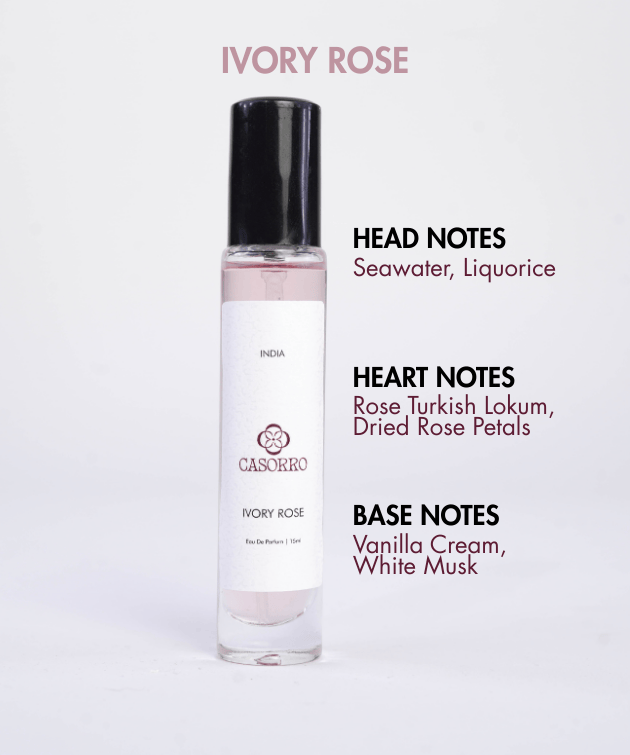 Casorro bottle labeled 'Ivory Rose' with notes on a light gray background