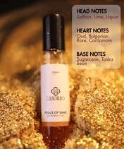 Casorro Petals of Sand perfume bottle with notes text on a glittery gold background