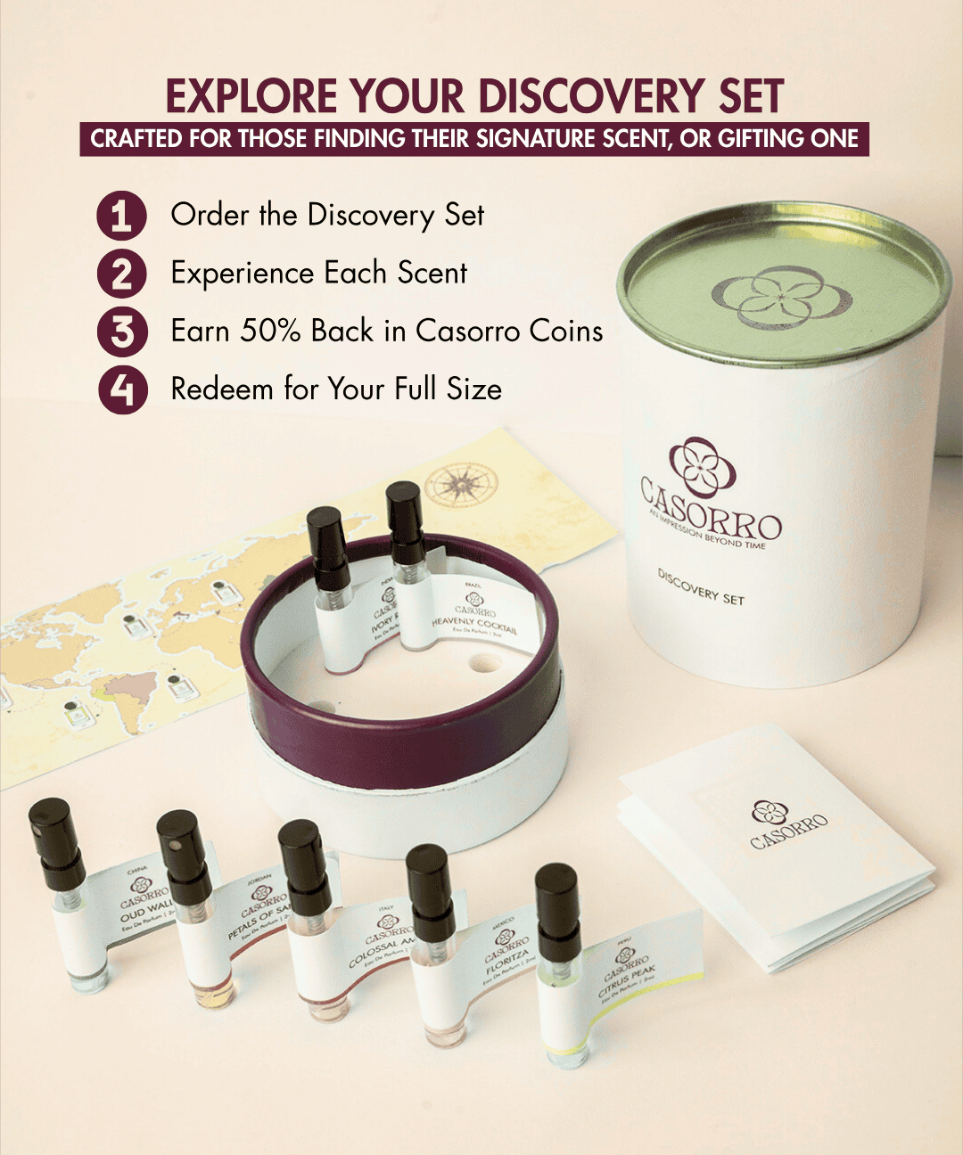 Casorro discovery set with small bottles and a white box on a beige background