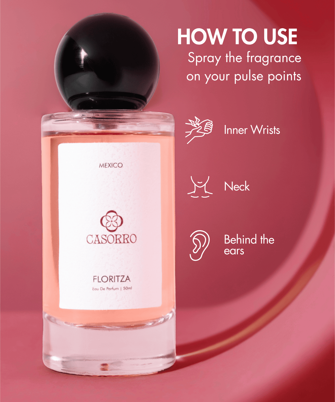 Perfume bottle with usage instructions on a pink background