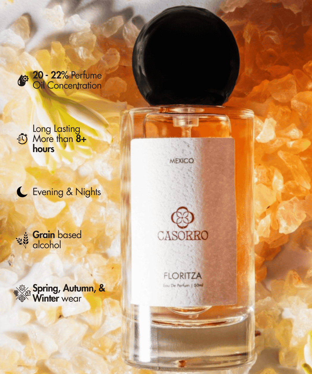 Perfume bottle labeled 'Casorro Floritza' with product features on a floral background