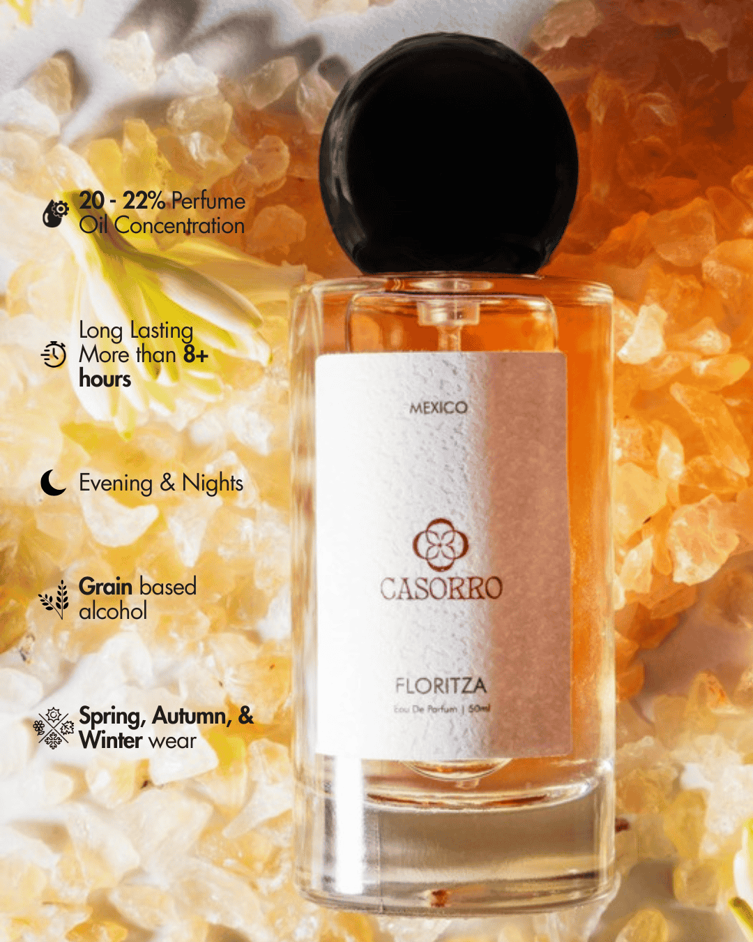 Perfume bottle labeled 'Casorro Floritza' with product features on a floral background