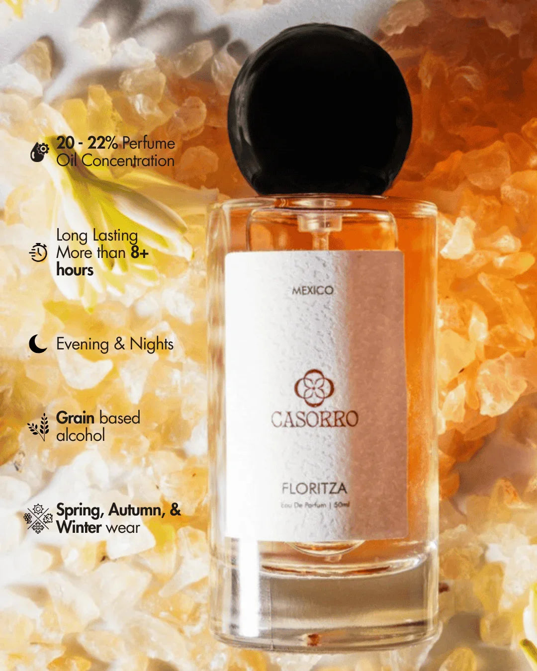 Floritza perfume for women in a clear bottle with black cap, surrounded by amber crystals.