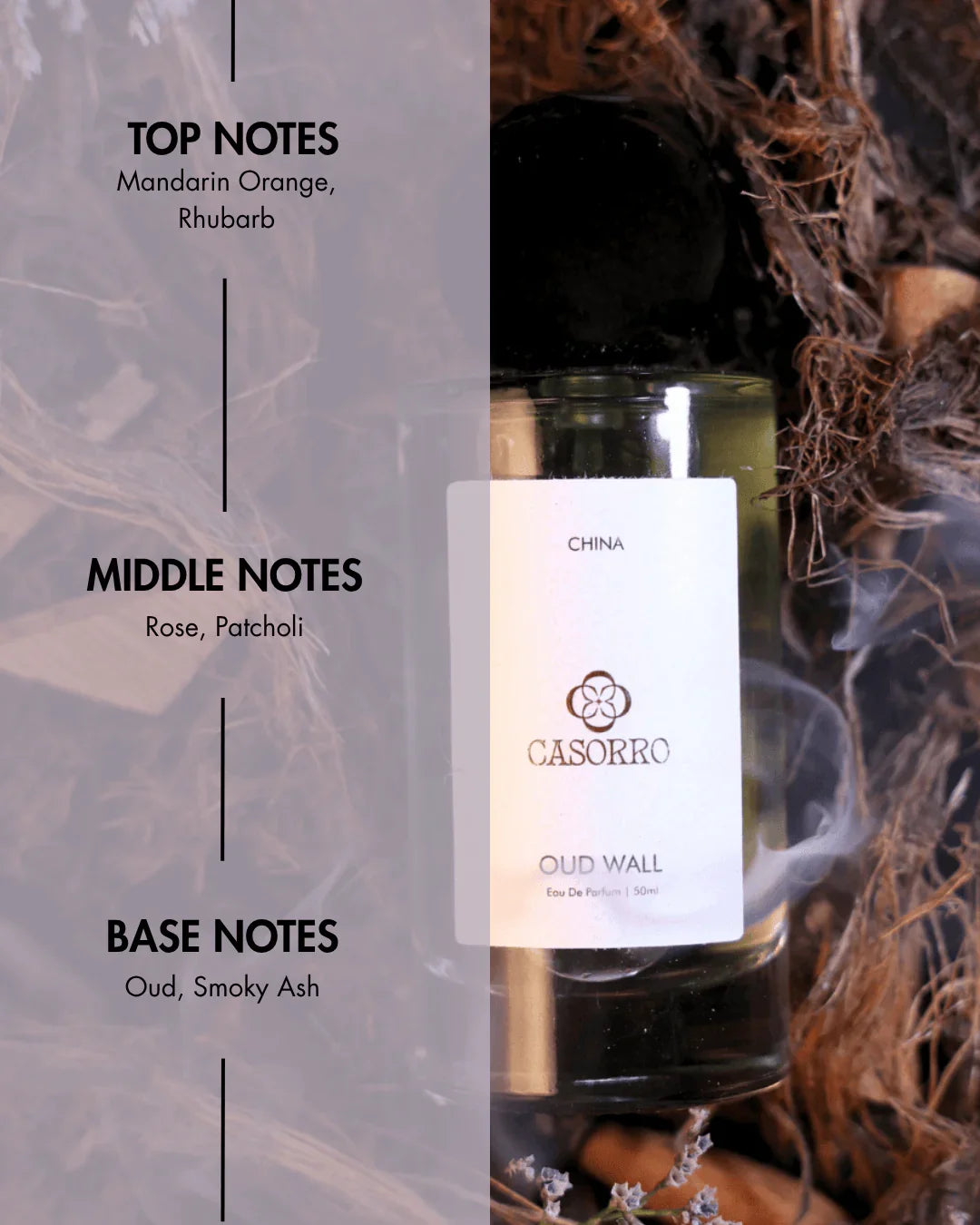 Oud Wall unisex perfume bottle with top, middle, and base notes listed, natural background