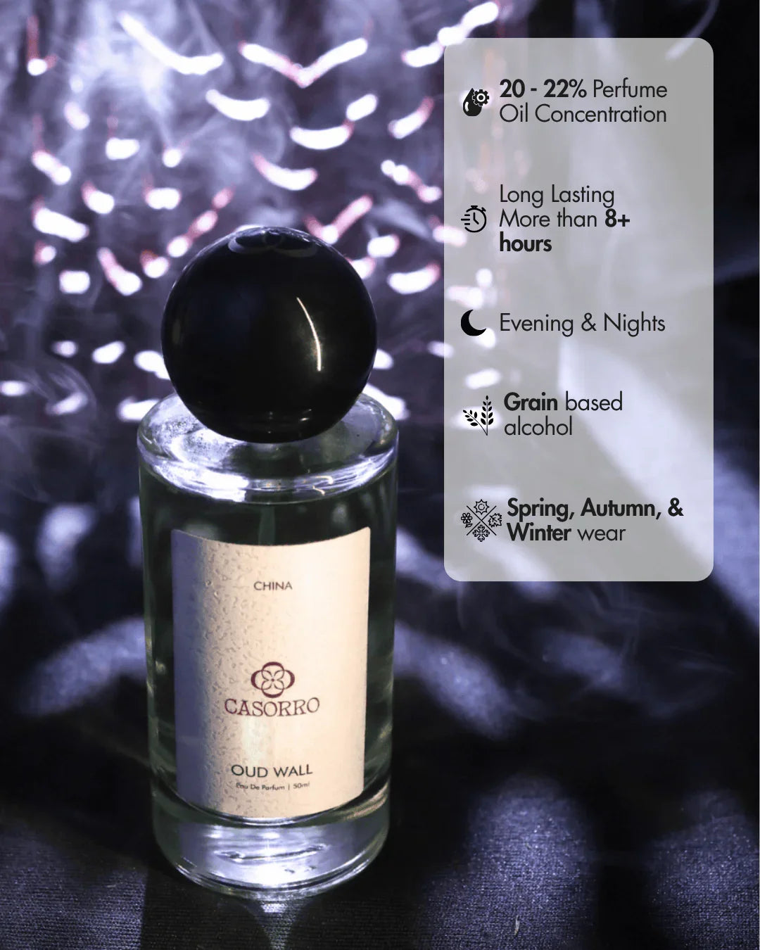 Oud Wall unisex eau de parfum bottle on dark background with feature highlights overlayed.
