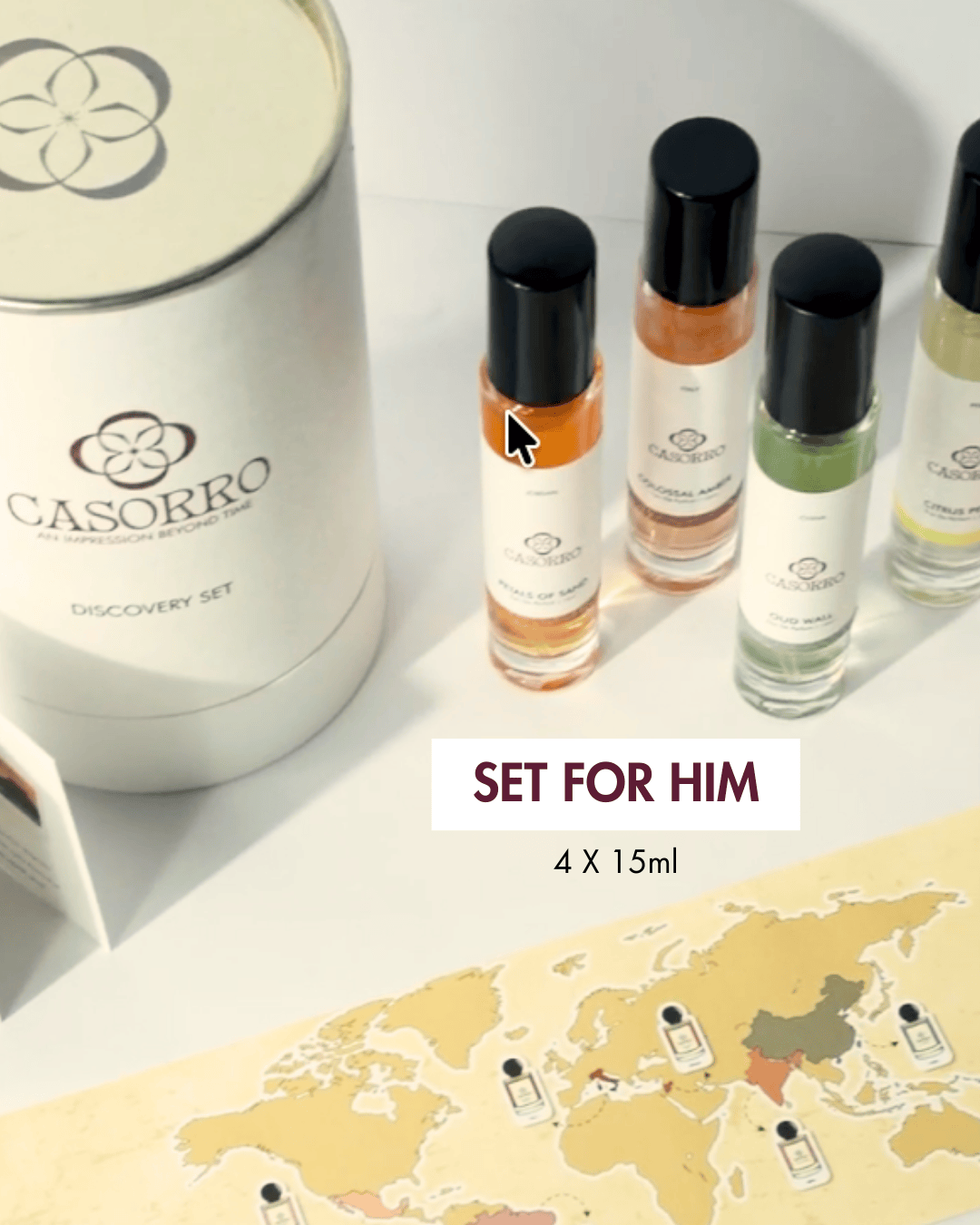 Casorro perfume set for men with four 15ml bottles on a world map background.