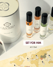 Casorro perfume set for men with four 15ml bottles on a world map background.