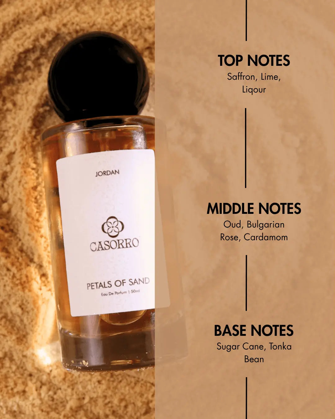 CASORRO perfume bottle with fragrance notes on a textured sand background