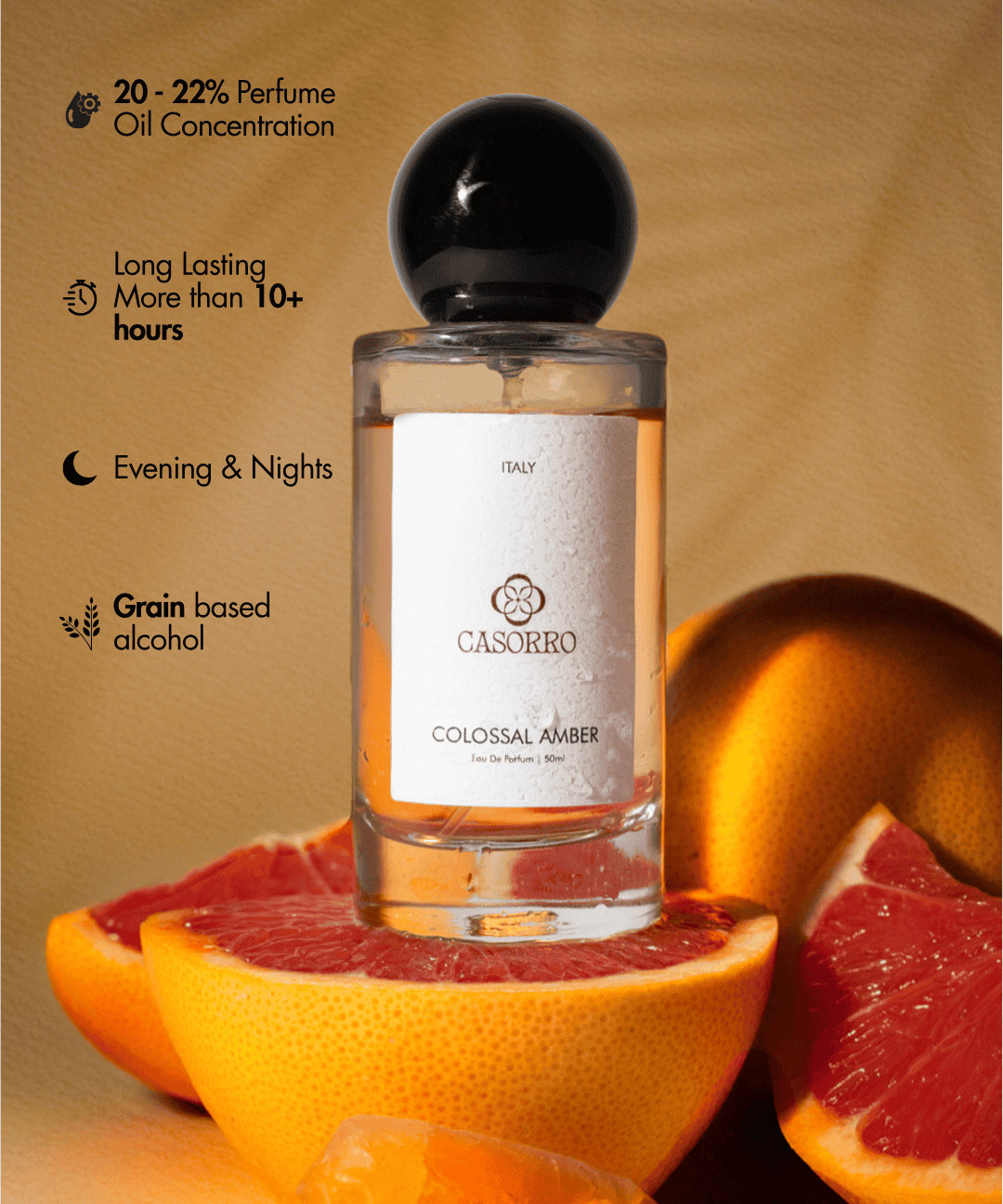 A perfume bottle labeled 'Casorro Colossal Amber' on a background with grapefruit slices.