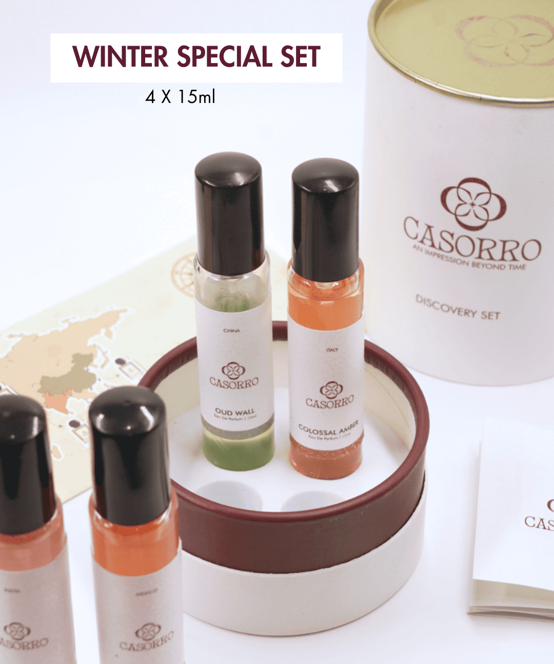 Casorro winter special set with four 15ml bottles in a decorative container on a white background.