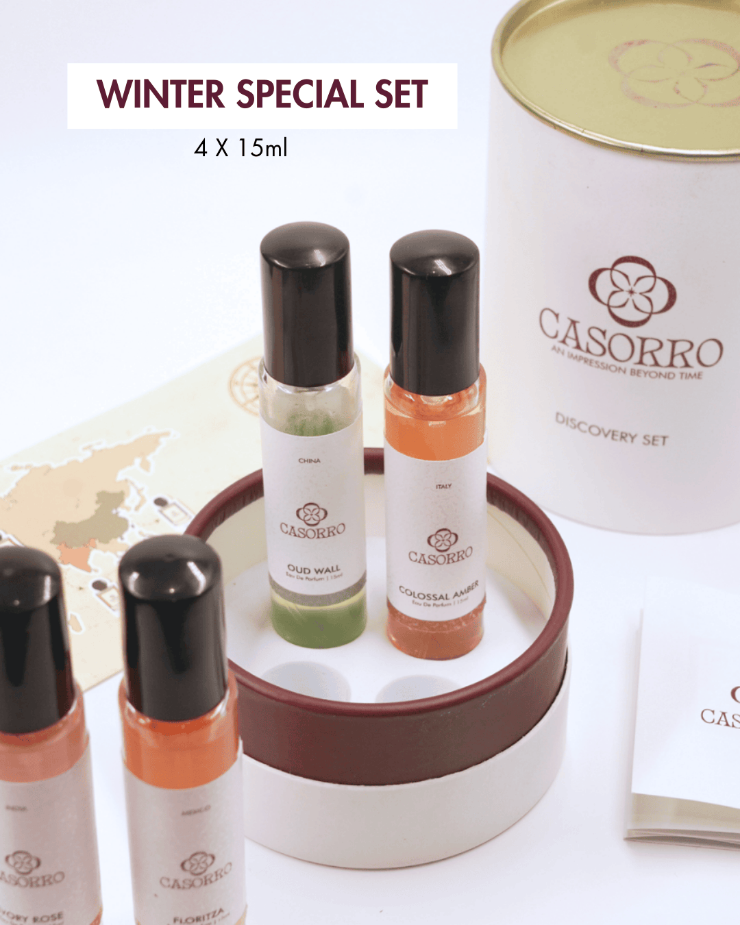 Casorro winter special set with four 15ml bottles in a decorative container on a white background.